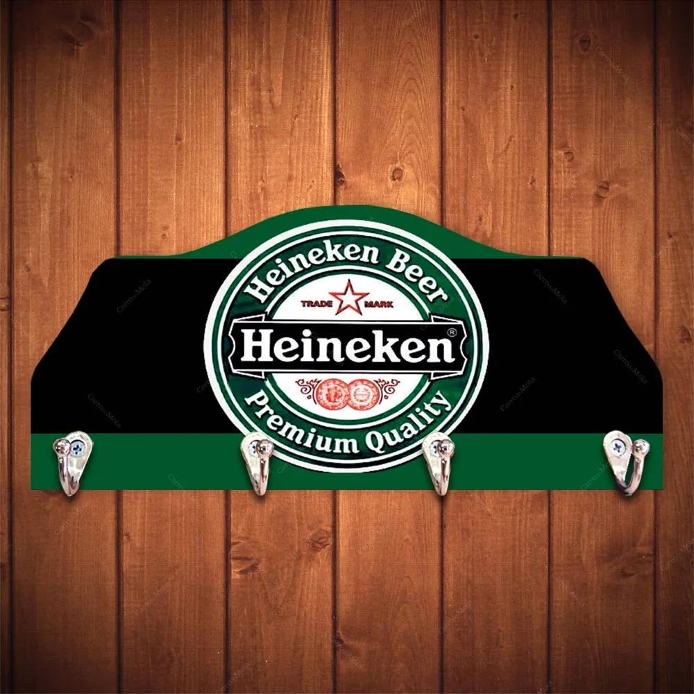 Porta-Chaves Cerveja Heineken Verde e Preto - 4 Ganchos - em Madeira