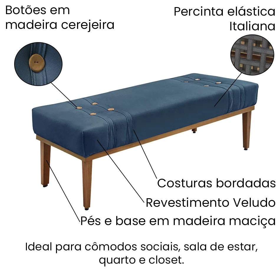 Divã Recamier Banco Base Madeira para Quarto Gênova 195cm Veludo S04 - D'Rossi - Azul Marinho