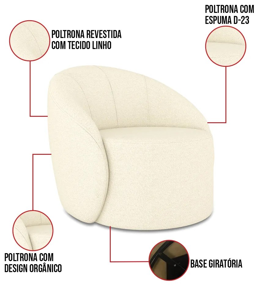 Poltrona Decorativa Orgânica Giratória Kit 2 Lua Linho Bege D03 - D'Rossi