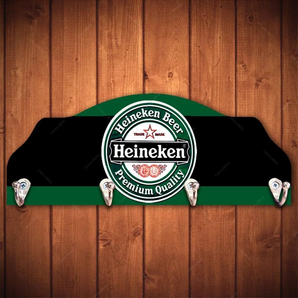 Cabideiro Cerveja Heineken Verde e Preto - 4 Ganchos - em Madeira