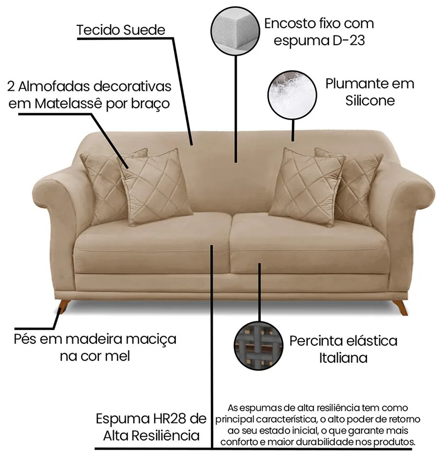 Sofá 3 Lugares Pé de Madeira Julieta 220 cm Suede S04 - D'Rossi - Bege