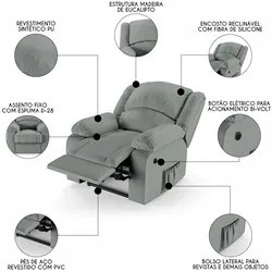 Poltrona do Papai Reclinável Pietra Power Elétrica FH9 PU Cinza - Mpoz