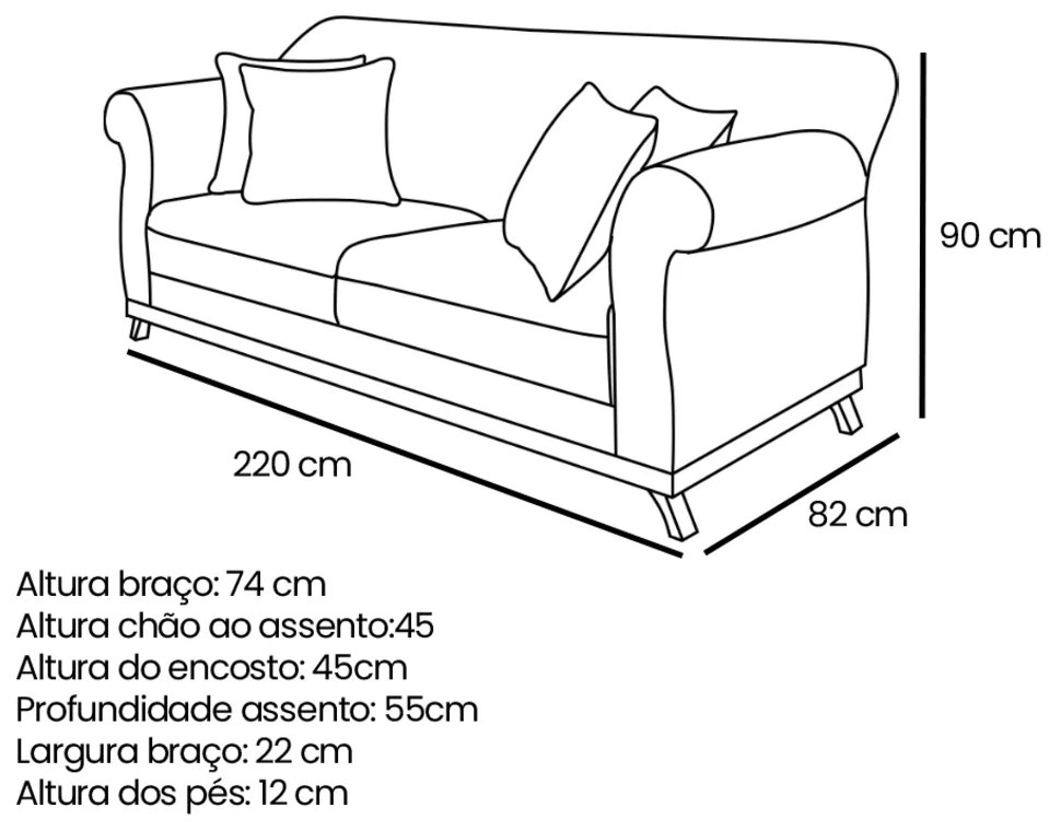 Sofá 3 Lugares Pé de Madeira Julieta 220 cm Linho S04 - D'Rossi - Dourado