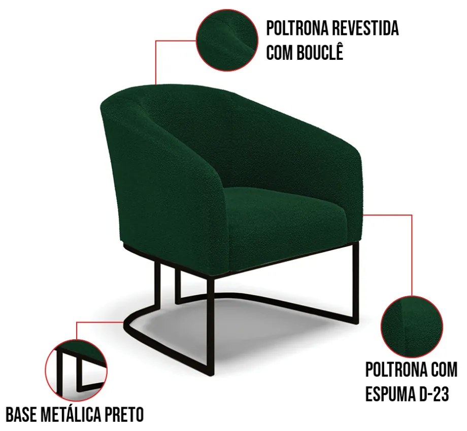 Namoradeira e 2 Poltronas Industrial Preto Stella Bouclê Verde D03 - D'Rossi