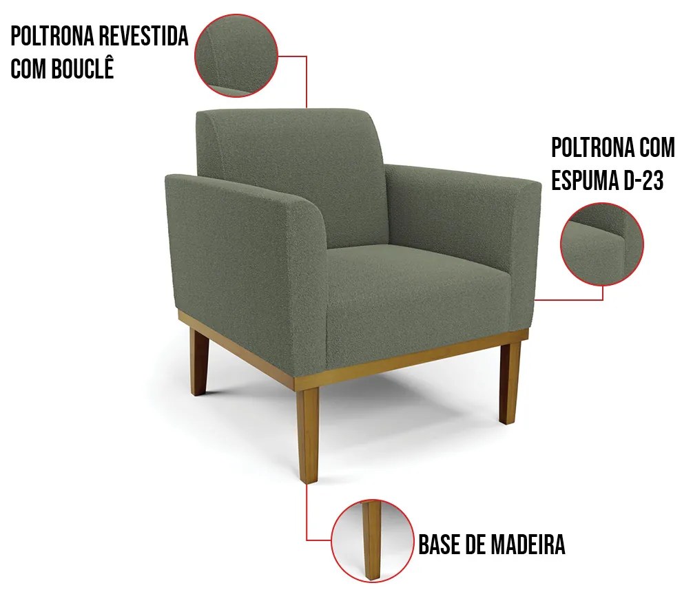 Namoradeira e 2 Poltronas Base Madeira Castanho Marisa Bouclê Pistache D03 - D'Rossi