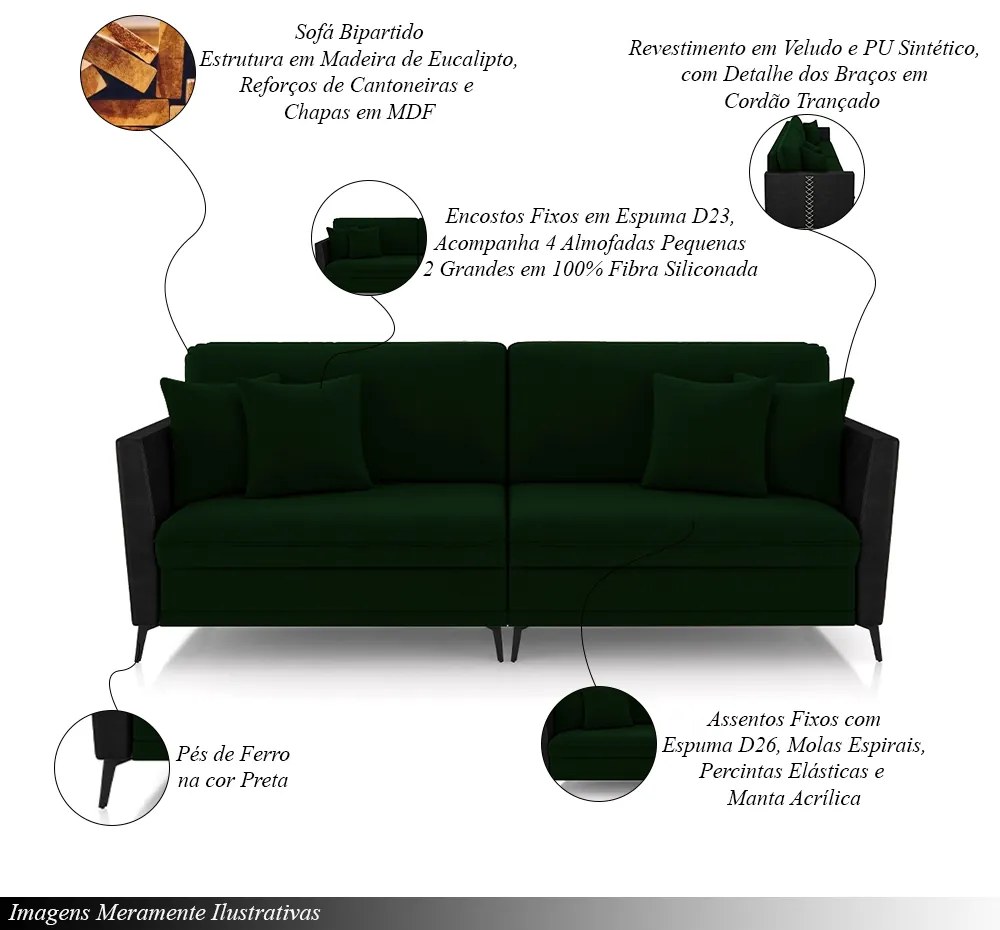 Sofá Living Decorativo Zagreb 2 Lugares 182cm com Almofadas Pés de Ferro Veludo/PU Verde/Preto G33 - Gran Belo