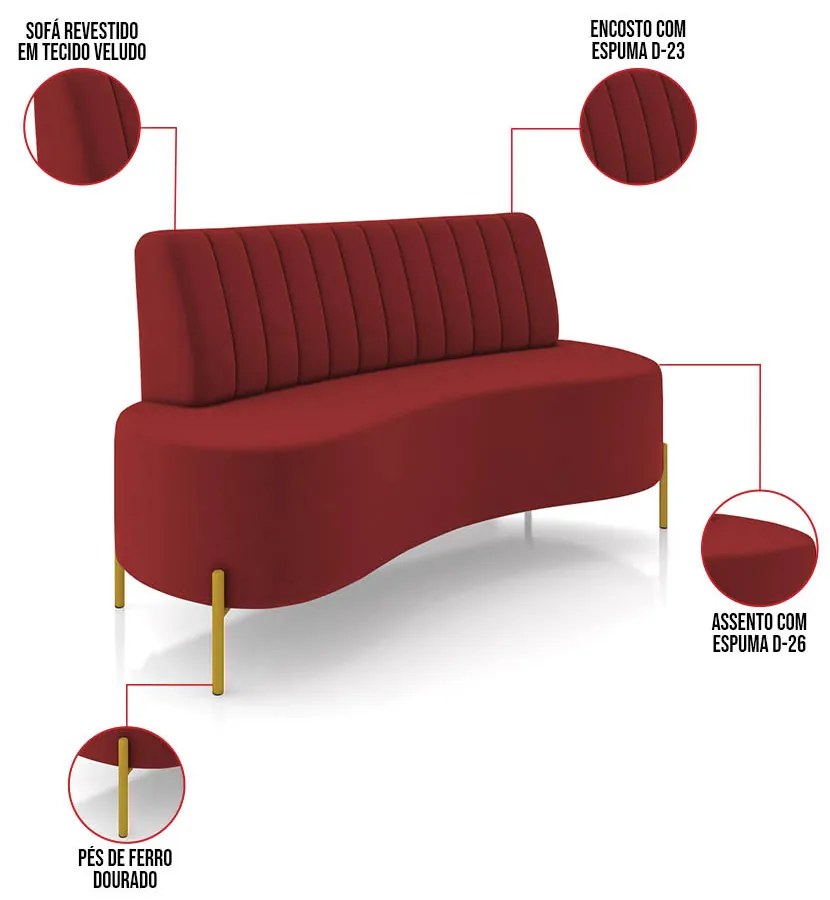 Sofá 2 Lugares Living 135cm Pé Ferro Dourado Maraú Veludo Vermelho K01 - D'Rossi