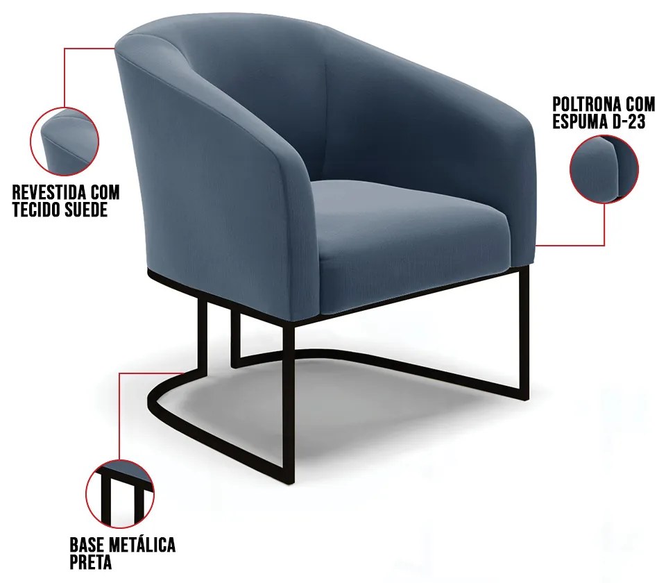 Cadeira Sala de Jantar Base Industrial Preto kit 2 Stella Suede D03 - D'Rossi - Azul Marinho