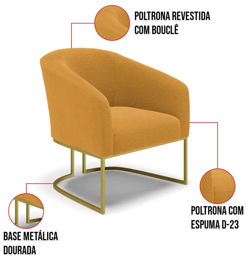 Poltrona Decorativa Base Industrial Dourado Stella Bouclê Mostarda D03 - D'Rossi