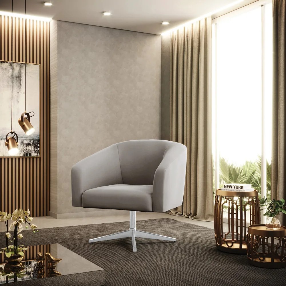 Poltrona Decorativa Giratória Cromada Stella Veludo Cinza D03 - D'Rossi