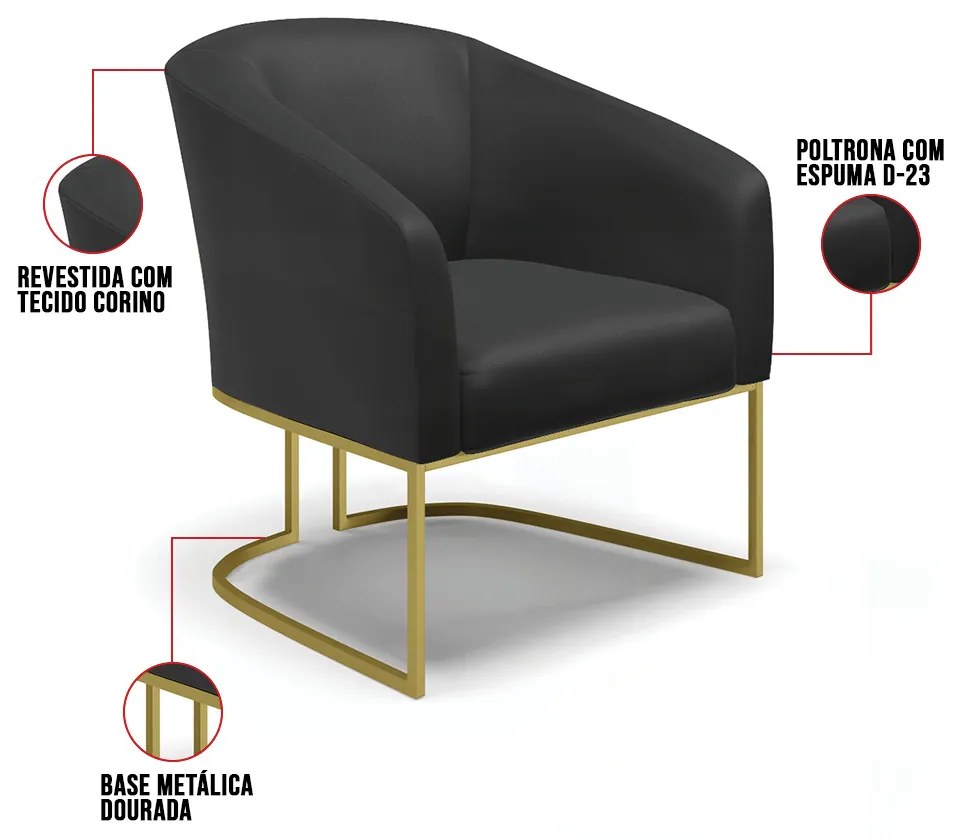 Cadeira Sala de Jantar Base Industrial Dourado Stella Sintético D03 - D'Rossi - Preto