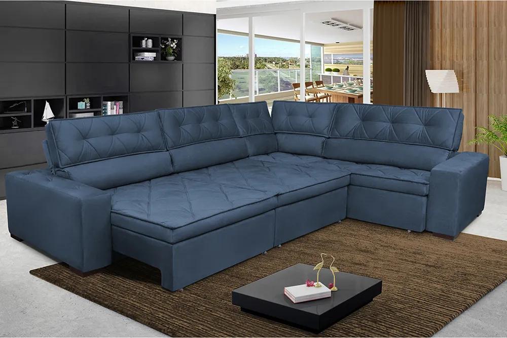 Sofa De Canto Retrátil E Reclinável Com Molas Cama Inbox Austin 3,65x2,54 Ou 2,54x3,65 Suede Velusoft Azul