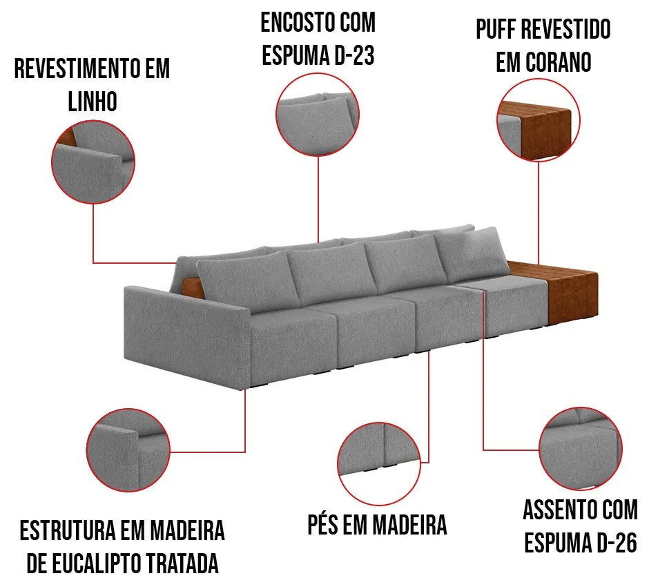 Sofá Ilha 4 Lugares Living 432cm Modulado para Sala Lary Linho K01 - D'Rossi - Grafite