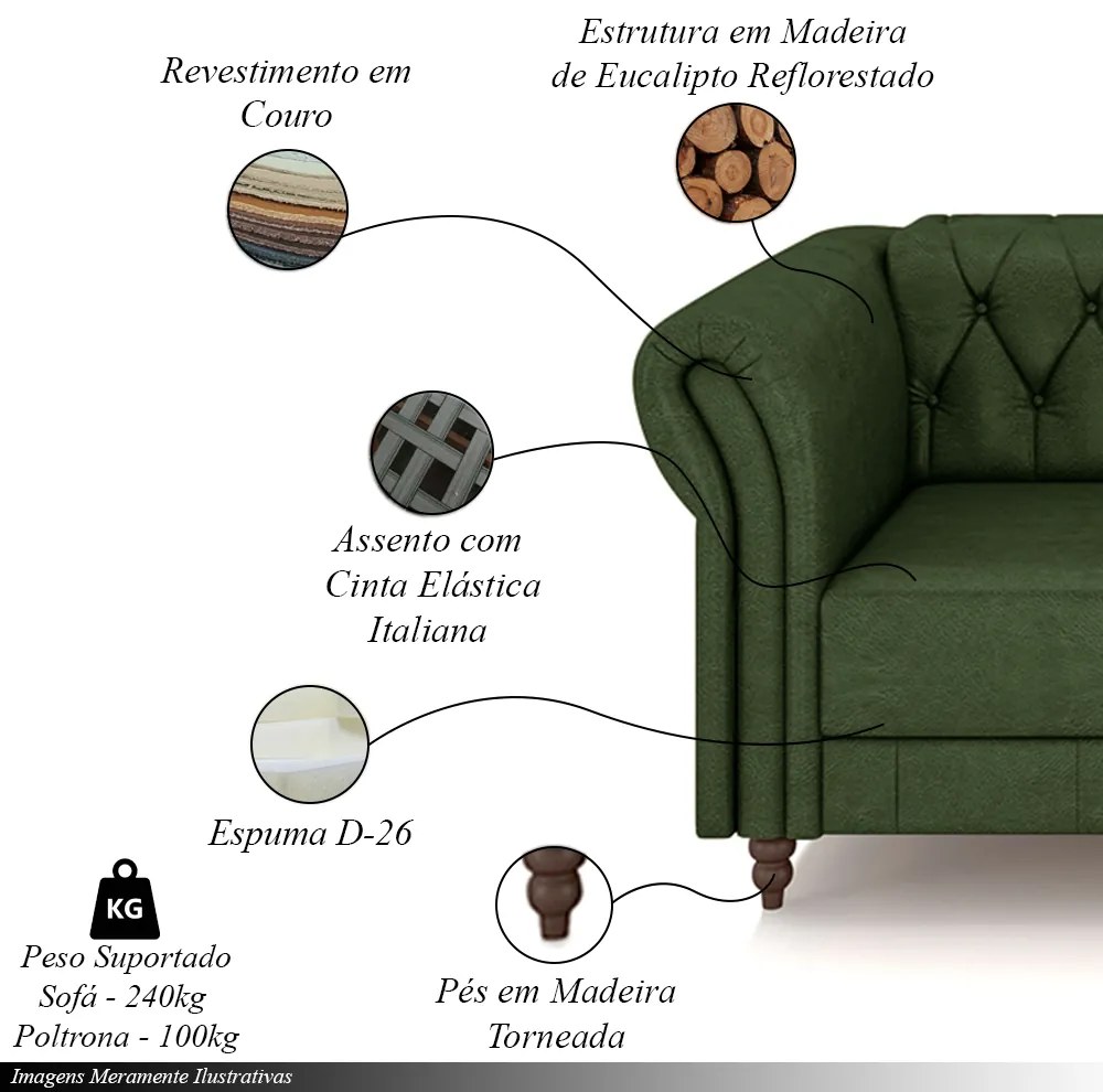 Conjunto Sala de Estar 1 Sofá Living 180cm e 1 Poltrona Stanford Chesterfield Pés Madeira Couro Verde Manchado G58 - Gran Belo