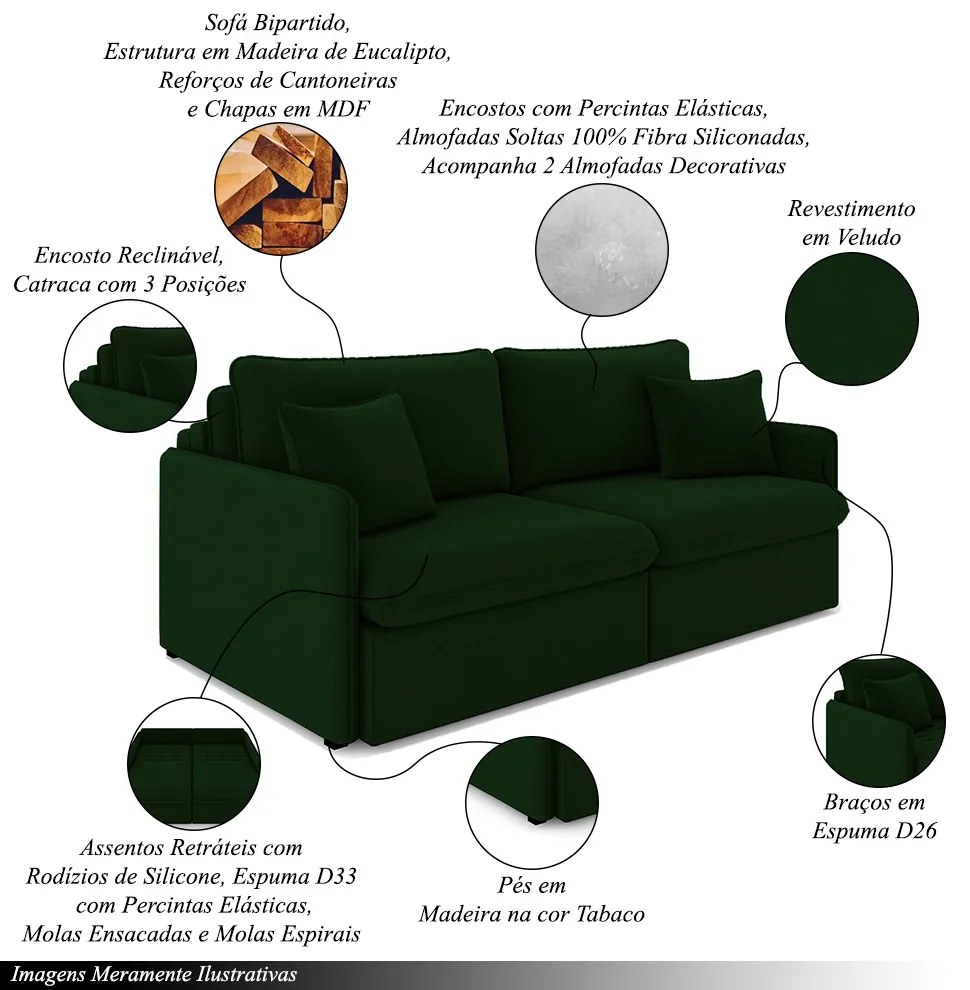 Sofá Reclinável e Retrátil Gandalf Bipartido 234cm Caixa Zero com Almofadas Veludo Verde G33 - Gran Belo