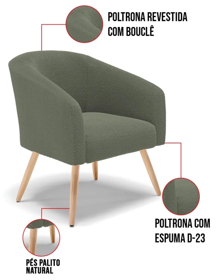 Poltrona Decorativa Pé Palito Natural Stella Bouclê Menta D03 - D'Rossi