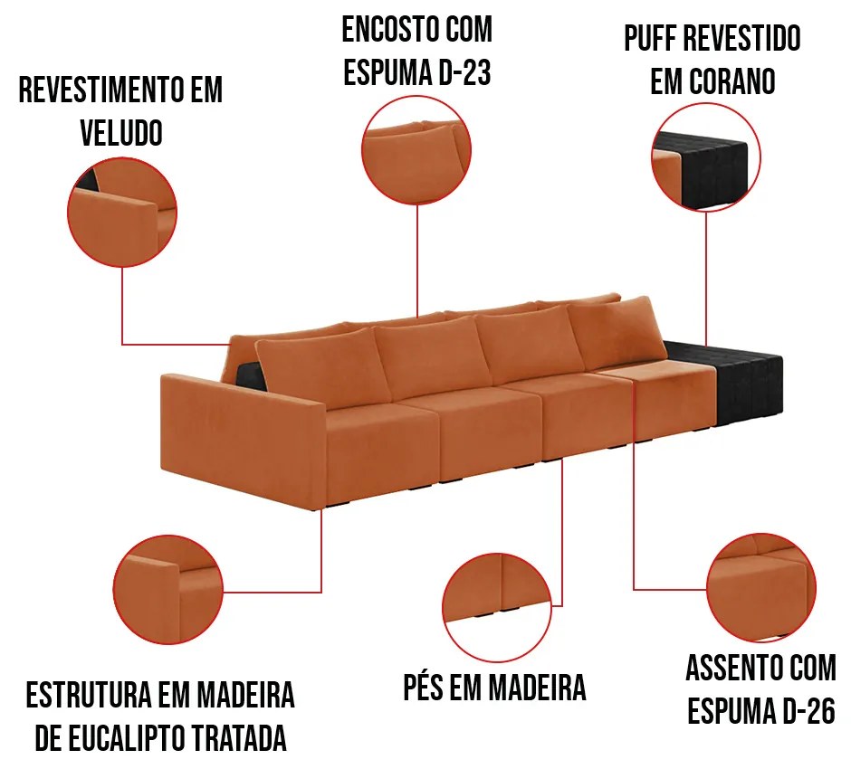 Sofá Ilha 4 Lugares Living 512cm Modulado Sala Lary Veludo/PU Pto K01 - D'Rossi - Terracota