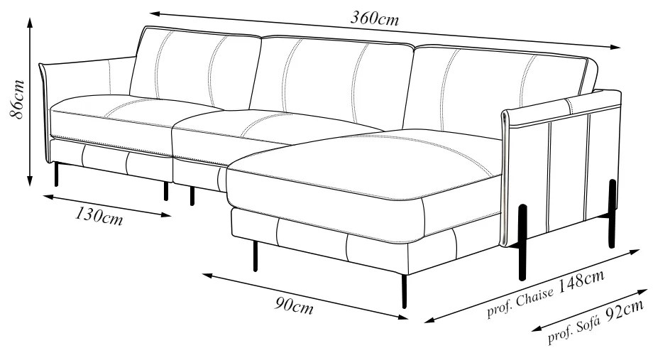 Sofá Decorativo Karine 6 Lugares Sala de estar 360cm com Chaise Pés em Aço Couro Nude G88 - Gran Belo