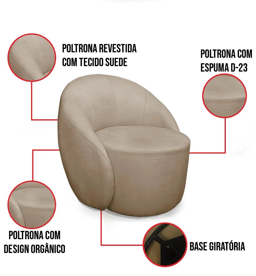 Poltrona Decorativa Orgânica Giratória Kit 2 Lua Suede D03 - D'Rossi - Marrom Rato