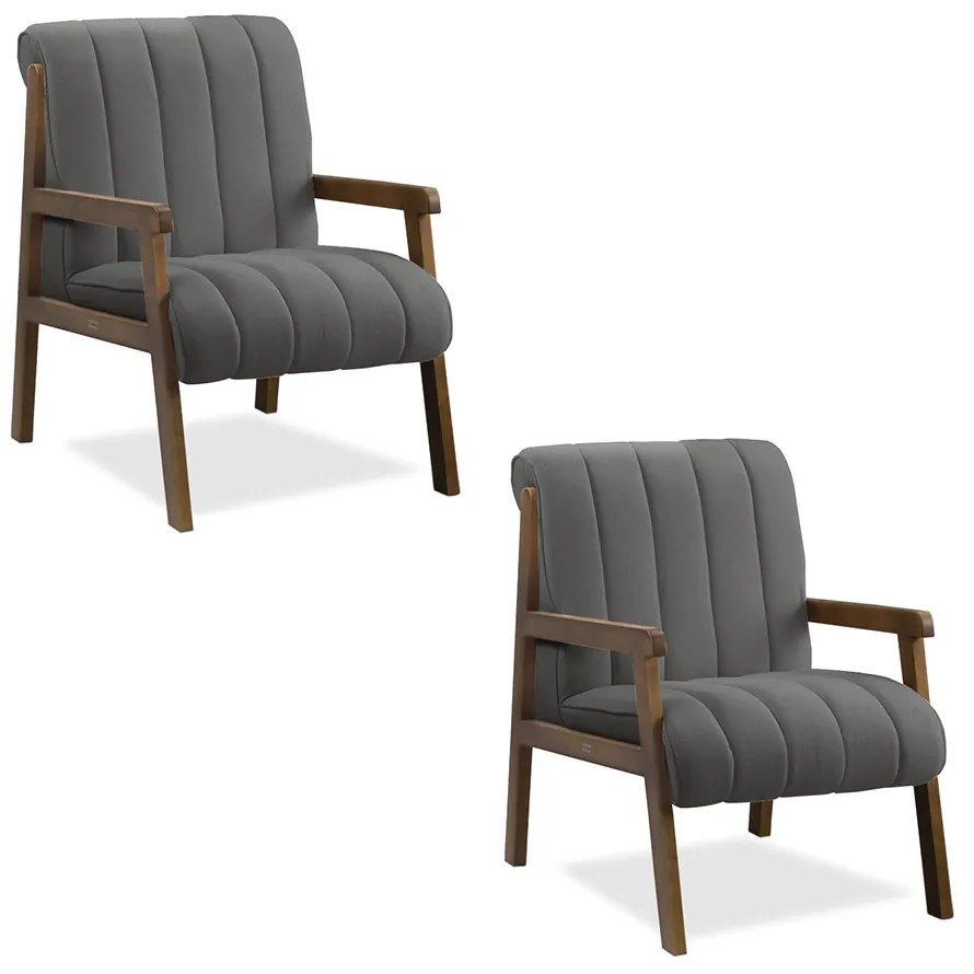 Poltrona Decorativa Sala Base de Madeira kit 2 Daline Bouclê E03 - D'Rossi - Cinza escuro