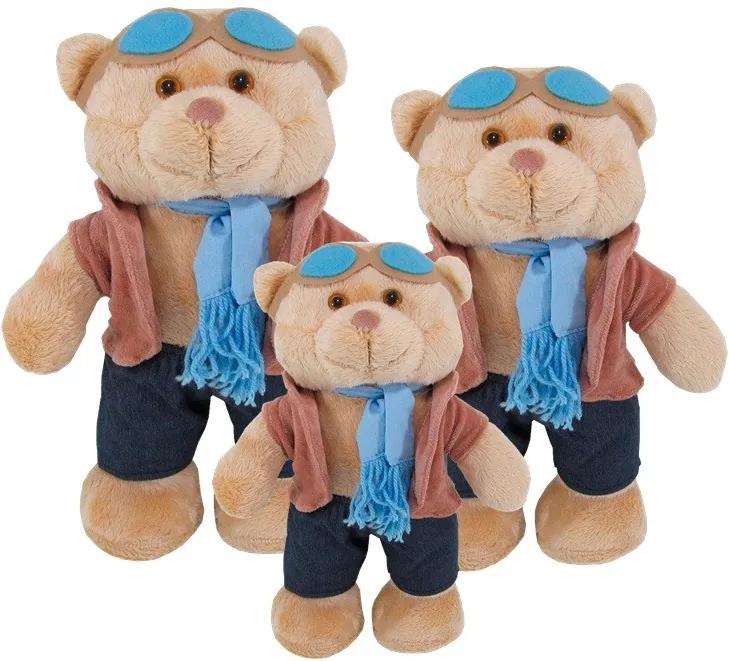 Kit 3 Peças Ursos Soft Pequeno, Médio e Grande em Pé Aviador Casaco Plush Cachecol e Óculos Azul