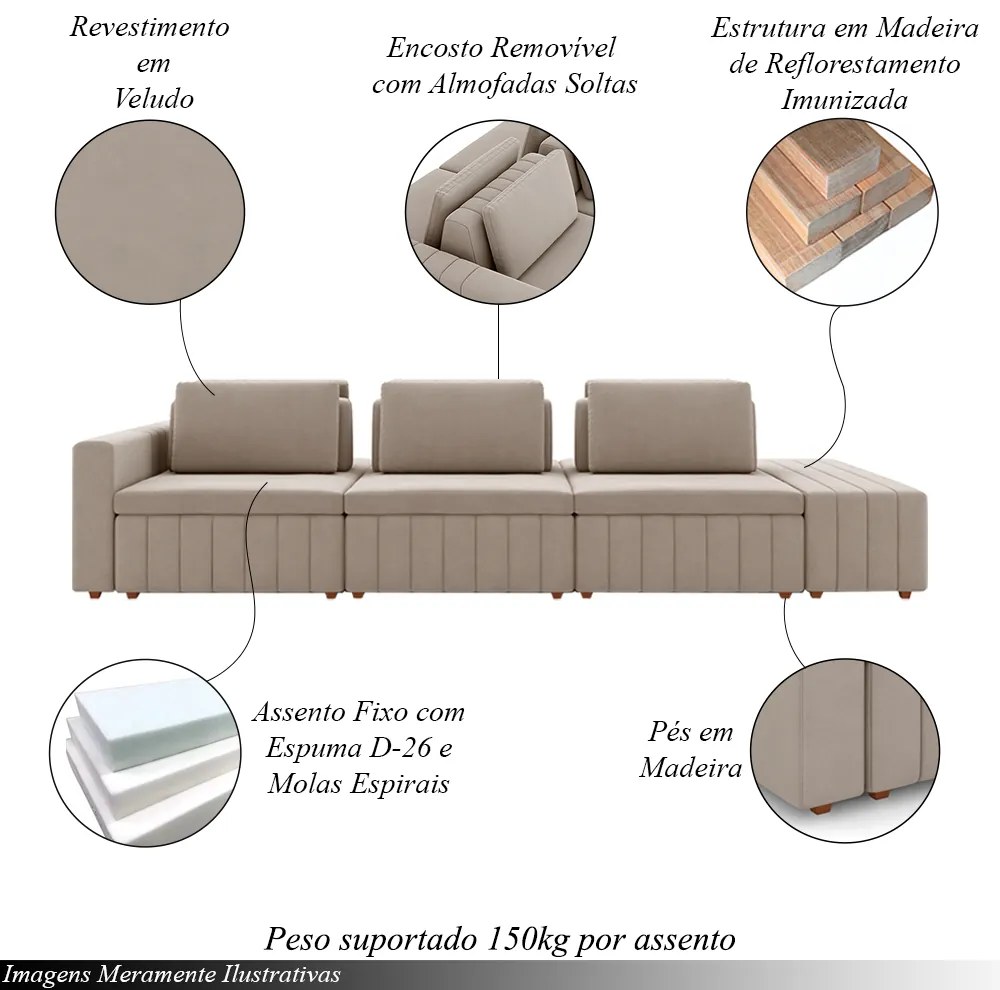 Sofá Ilha com Encosto e Almofadas Móveis Olimpo 395cm Modulado Veludo Bege G45 - Gran Belo