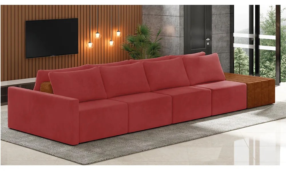 Sofá Ilha 4 Lugares Living 432cm Modulado para Sala Lary Veludo Vermelho K01 - D'Rossi