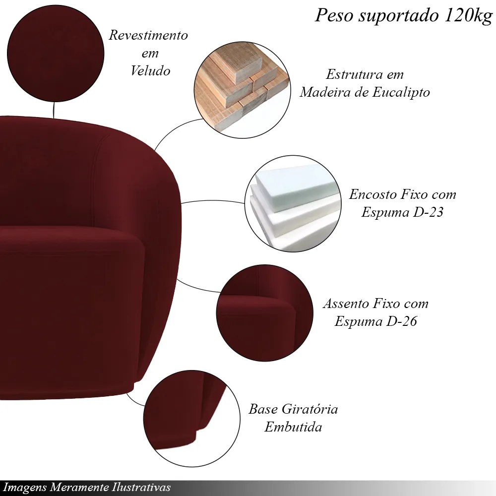 Poltrona Decorativa Sala de Estar Íbis Encosto Fixo Veludo Bordô G33 - Gran Belo