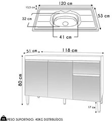 Balcão de Cozinha Com Pia Inox 120cm 1 Gaveta Tatiane Amêndoa/Preto -