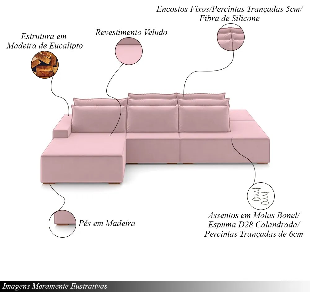 Sofá Ilha com Encosto e Almofadas Delta 395cm Modulado Chaise e Puffs Veludo Rosê G52 - Gran Belo