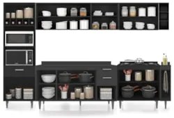Armário de Cozinha Com Tampo CP07 310cm Pérola Preto Z34      - Mpozen