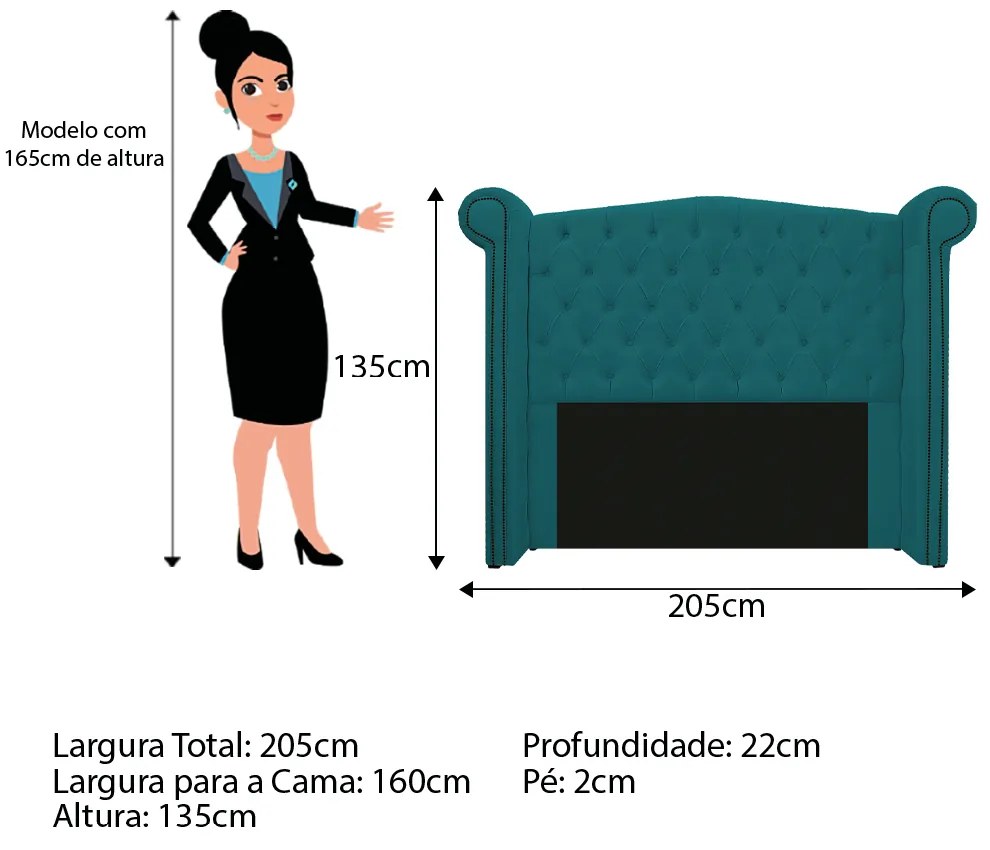 Kit Cabeceira e Calçadeira Veneza 160 cm Queen Size Suede Azul Turquesa - ADJ Decor