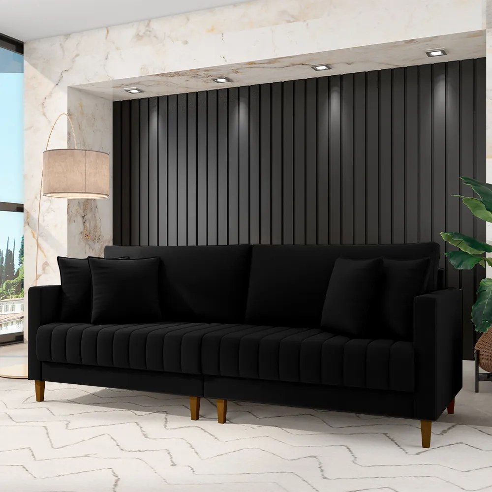 Sofá Living Decorativo Hamburgo Bipartido 2 Lugares 216cm com Almofadas Pés em Madeira Veludo Preto G33 - Gran Belo