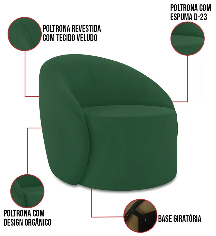 Poltrona Decorativa Orgânica Giratória Kit 2 Lua Veludo D03 - D'Rossi - Verde