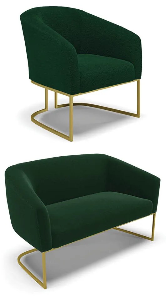 Sofá Namoradeira e Poltrona Industrial Dourado Stella Bouclê D03 - D'Rossi - Verde