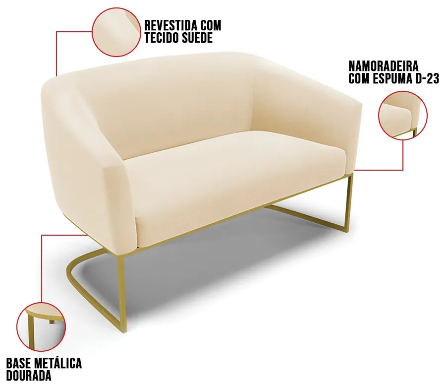 Sofá 2 Lugares Namoradeira Industrial Dourado Stella Suede D03 - D'Rossi - Bege