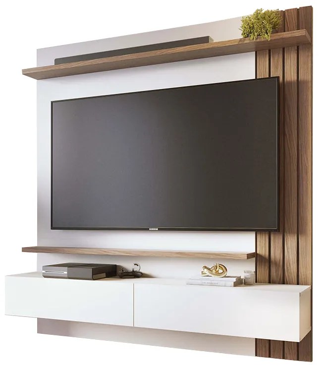 Painel TV 65 Pol 150cm Bancada Suspensa Ripado Luca Amendoa/Off White Matte C04 - D'Rossi
