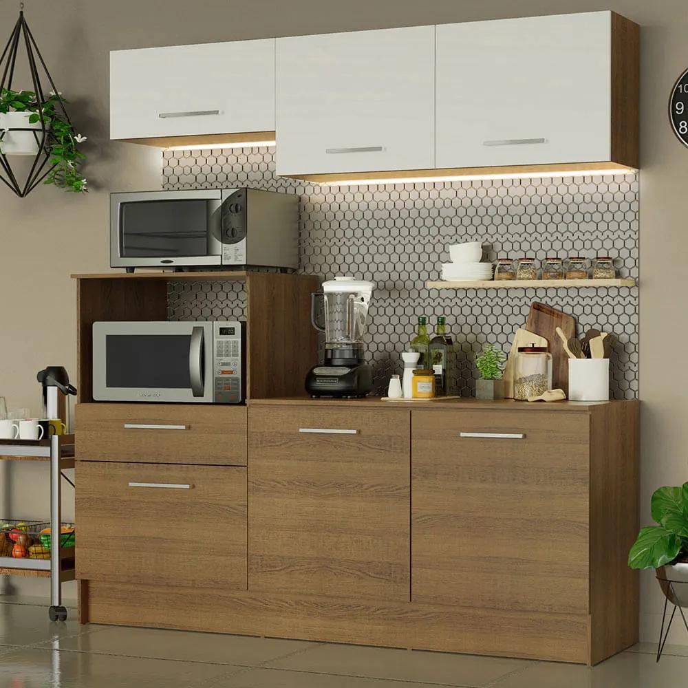 Cozinha Compacta Madesa Onix 180001 com Armário e Balcão Rustic/Rustic/Branco D9 Cor:Rustic/Branco