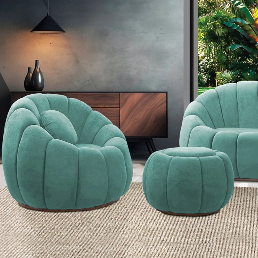 Poltrona Decorativa Orgânica Giratória com Puff Cloud Bouclê E03 - D'Rossi - Azul Turquesa