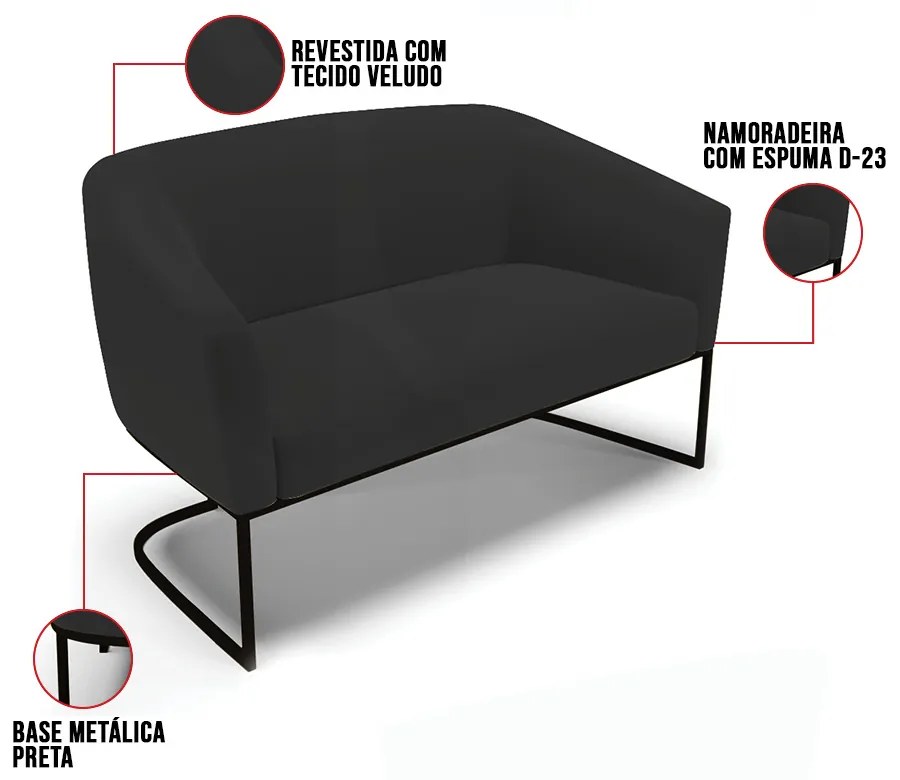 Sofá 2 Lugares Namoradeira Industrial Preto Stella Veludo D03 - D'Rossi - Preto