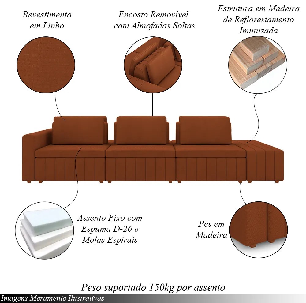 Sofá Ilha com Encosto e Almofadas Móveis Olimpo 335cm Modulado Linho Terracota G45 - Gran Belo