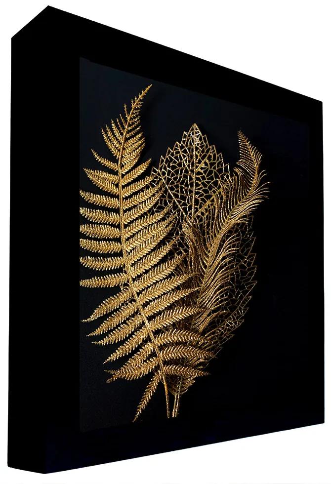 Quadro Decorativo 135x135 cm Folha 001 com Moldura Laqueada Preto/Dourado G64 - Gran Belo