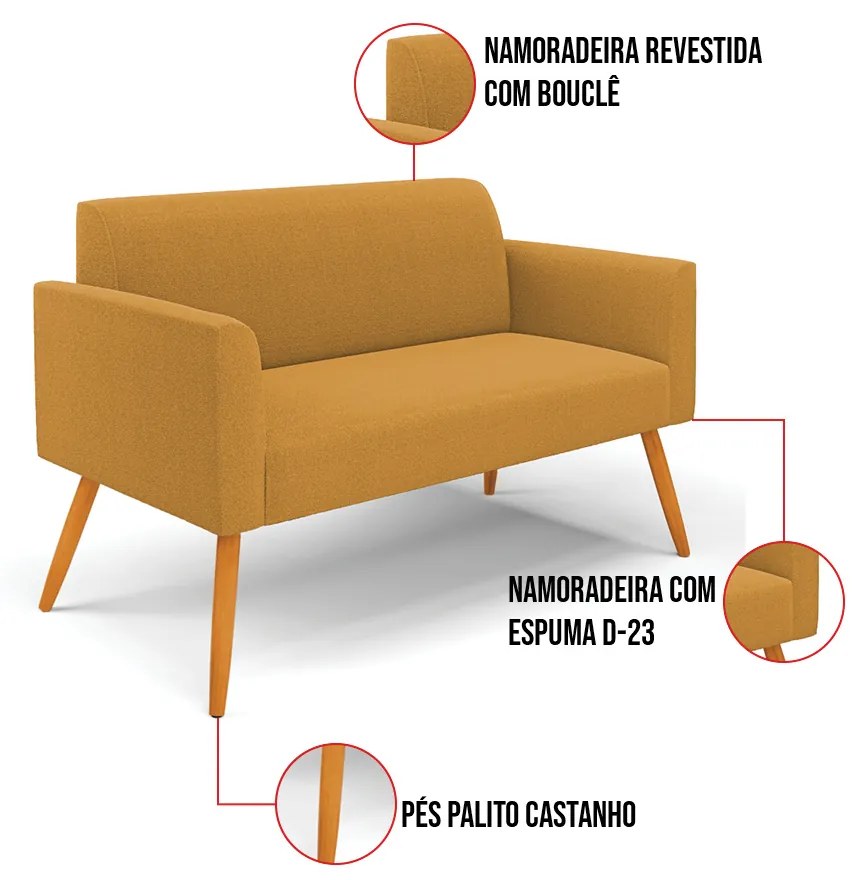 Sofá 2 Lugares Namoradeira Pé Palito Castanho Marisa Bouclê D03 - D'Rossi - Mostarda