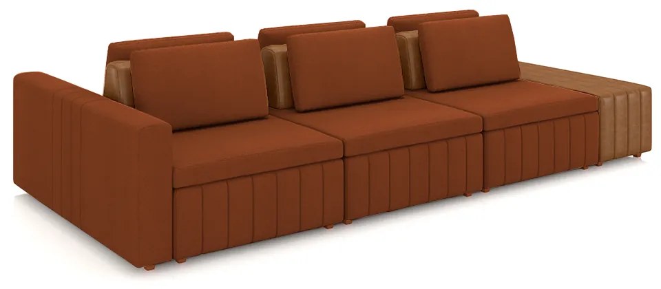 Sofá Ilha com Encosto e Almofadas Móveis Olimpo 365cm Modulado Linho/PU Terracota/Caramelo G45 - Gran Belo