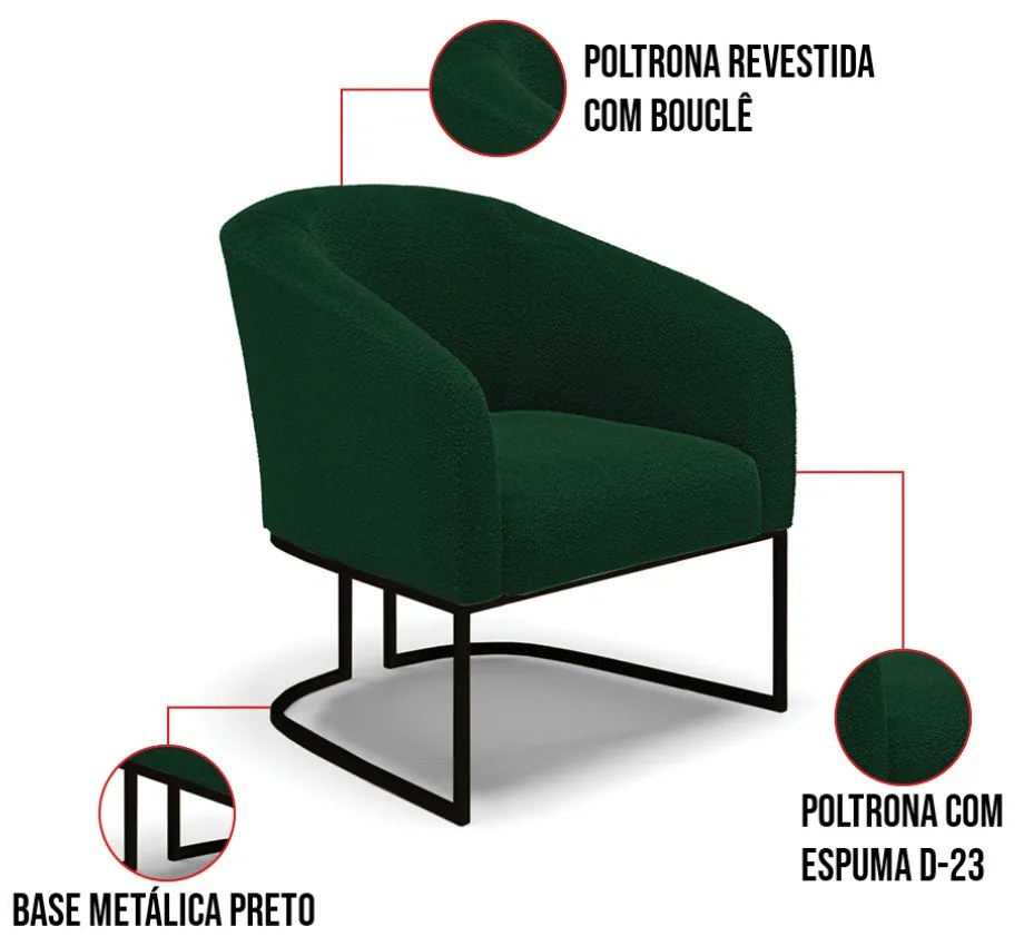 Poltrona Para Sala Industrial Preto Kit 2 Stella Bouclê Verde D03 - D'Rossi