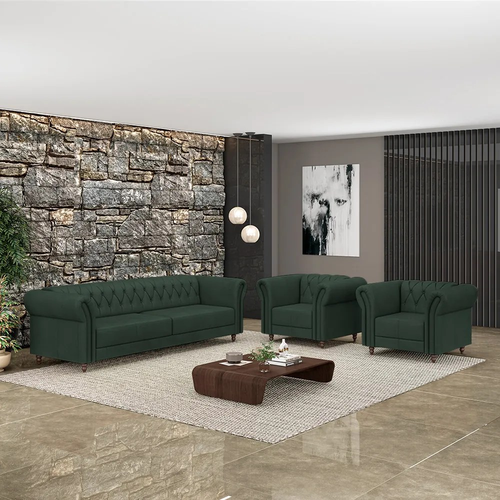 Conjunto Sala de Estar 1 Sofá Living 220cm e 2 Poltronas Stanford Chesterfield Pés Madeira Couro Verde G58 - Gran Belo