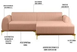 Sofá 255cm 4 Lugares com Chaise Direito Pés Gold Molino C-105 Linho Ro