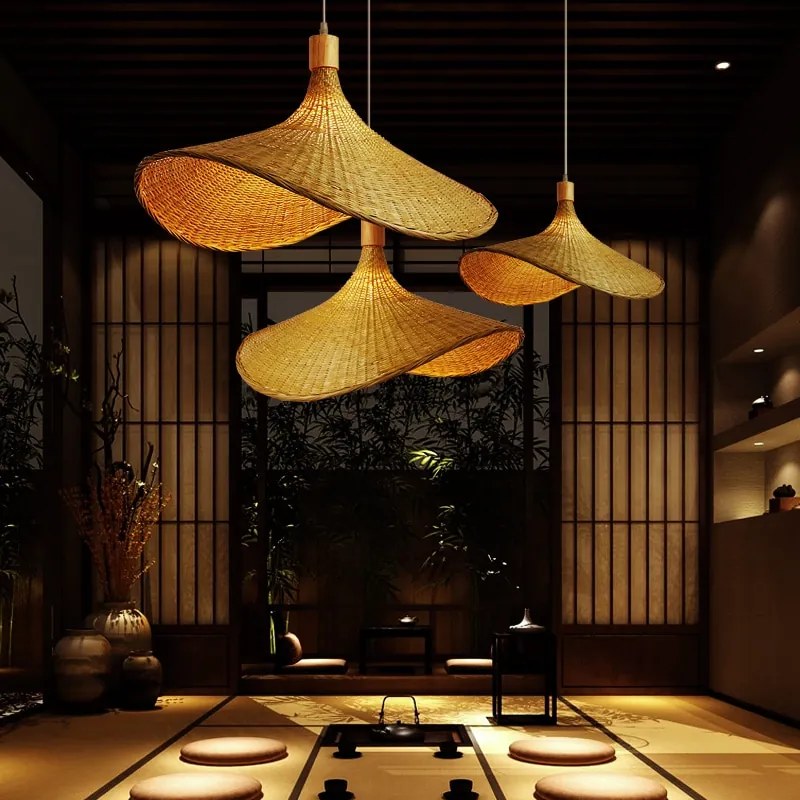 Luminária Pendente Japonês Bambu Rattan Tecelagem Retro Jardim Restaurante Estudo Quarto e Sala de Estar Luz