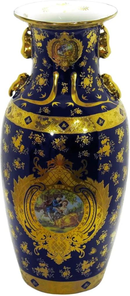 Vaso Decorativo em Porcelana Azul com Detalhes em Dourado - 61x26x26cm