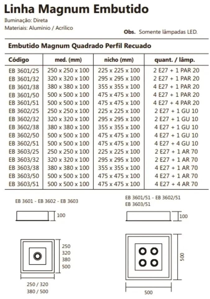 Luminária De Embutir Magnum Quadrado 38X38X10Cm 4L E27 + 01 Par20 | Us... (BT - Branco Texturizado)